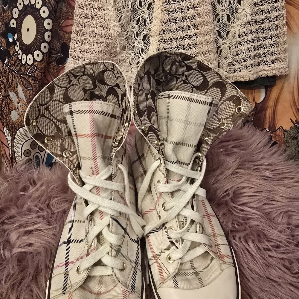 Coach Women's Plaid High-Top Sneakers - Cream and Brown - Picture 7 of 13